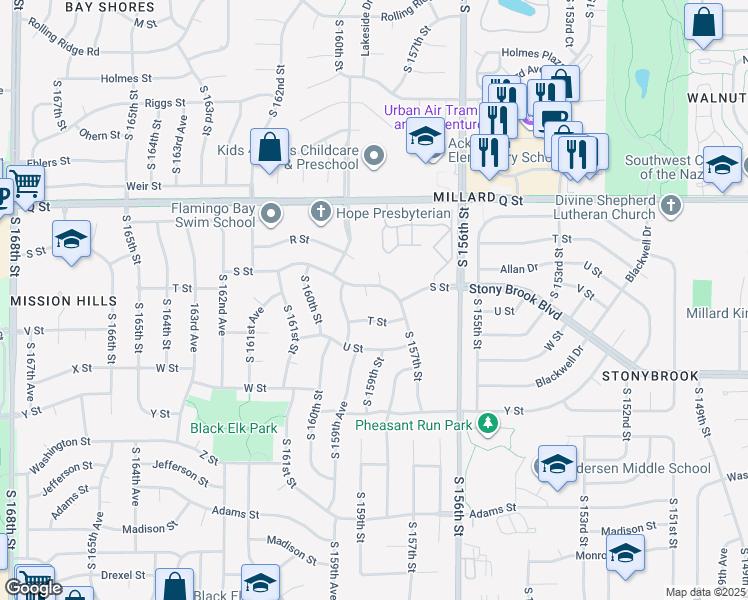 map of restaurants, bars, coffee shops, grocery stores, and more near 5409 South 159th Circle in Omaha