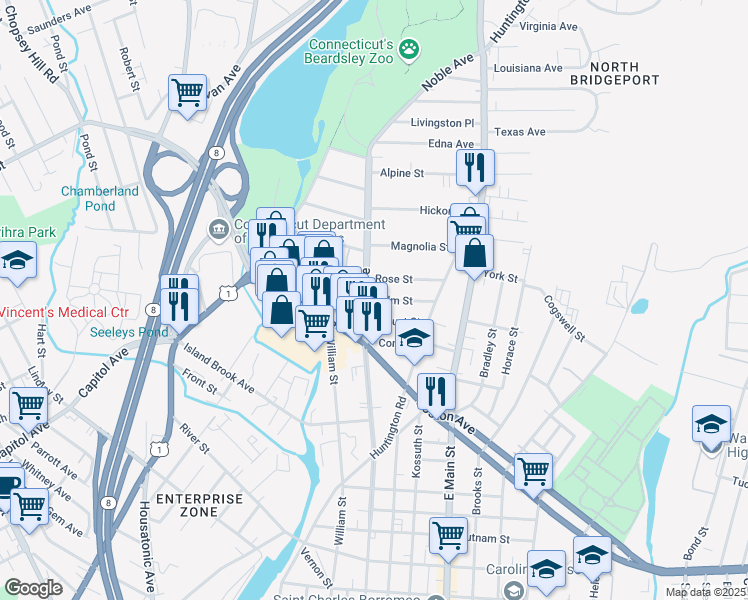 map of restaurants, bars, coffee shops, grocery stores, and more near 18 Palm Street in Bridgeport