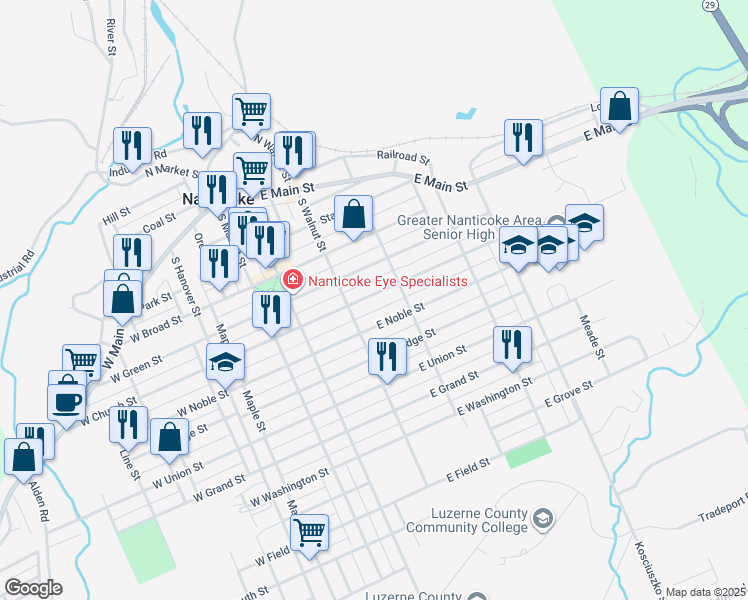map of restaurants, bars, coffee shops, grocery stores, and more near 235 East Church Street in Nanticoke