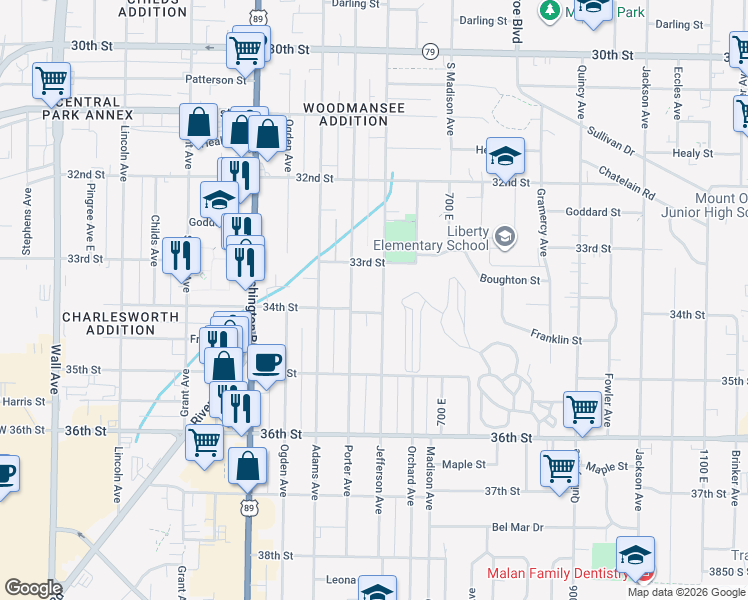 map of restaurants, bars, coffee shops, grocery stores, and more near 3374 Porter Avenue in Ogden