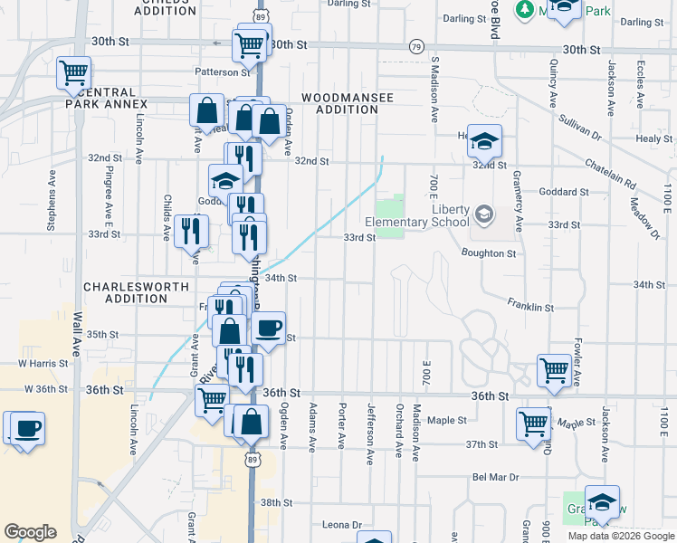 map of restaurants, bars, coffee shops, grocery stores, and more near 516 34th Street in Ogden