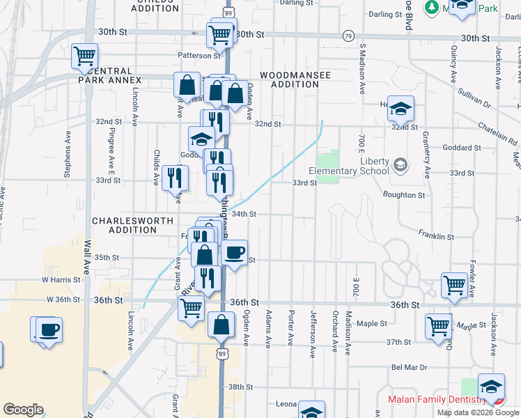 map of restaurants, bars, coffee shops, grocery stores, and more near 460 34th Street in Ogden