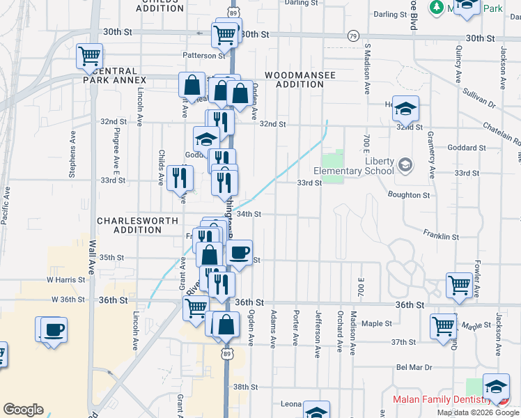 map of restaurants, bars, coffee shops, grocery stores, and more near 460 34th Street in Ogden