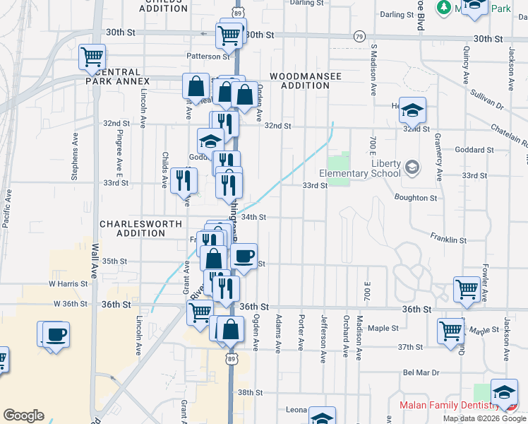 map of restaurants, bars, coffee shops, grocery stores, and more near 460 34th Street in Ogden