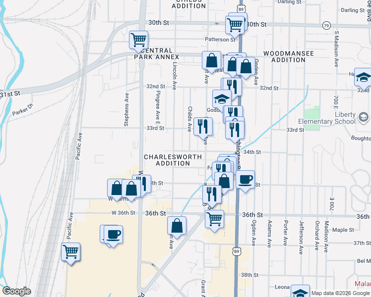 map of restaurants, bars, coffee shops, grocery stores, and more near 3356 Childs Avenue in Ogden