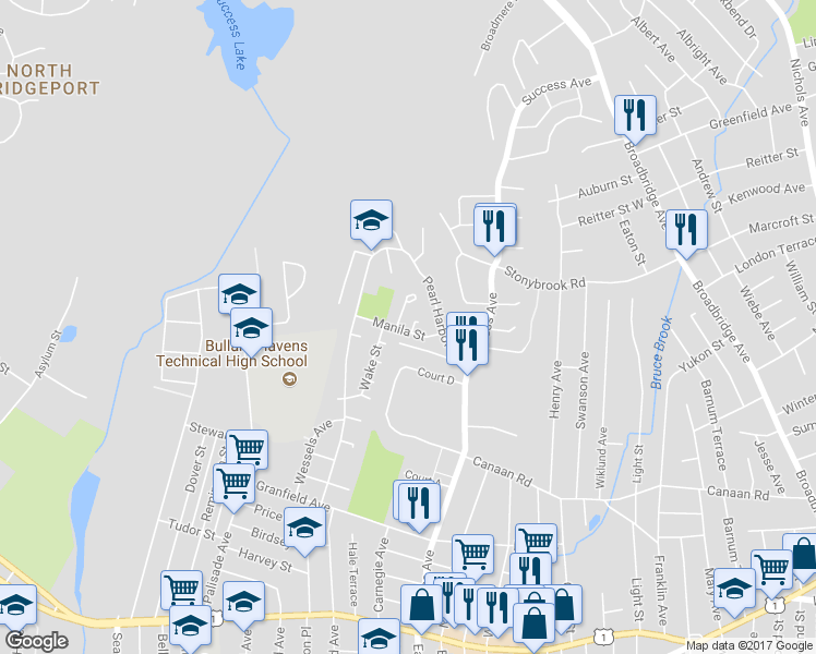 map of restaurants, bars, coffee shops, grocery stores, and more near 72 Manila Street in Bridgeport
