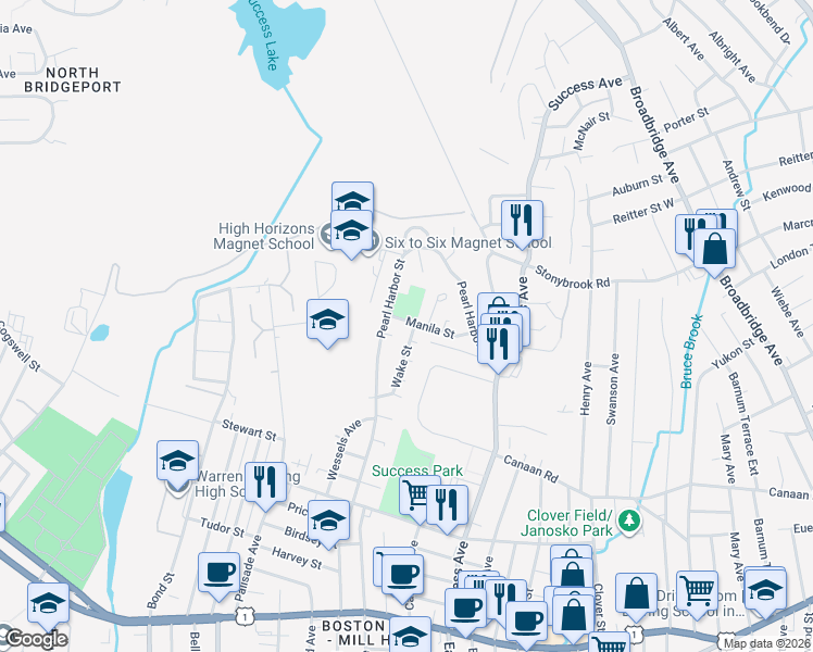 map of restaurants, bars, coffee shops, grocery stores, and more near 72 Manila Street in Bridgeport