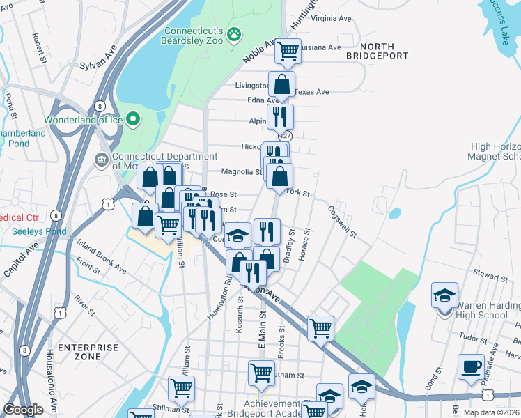 map of restaurants, bars, coffee shops, grocery stores, and more near 698 Huntington Road in Bridgeport