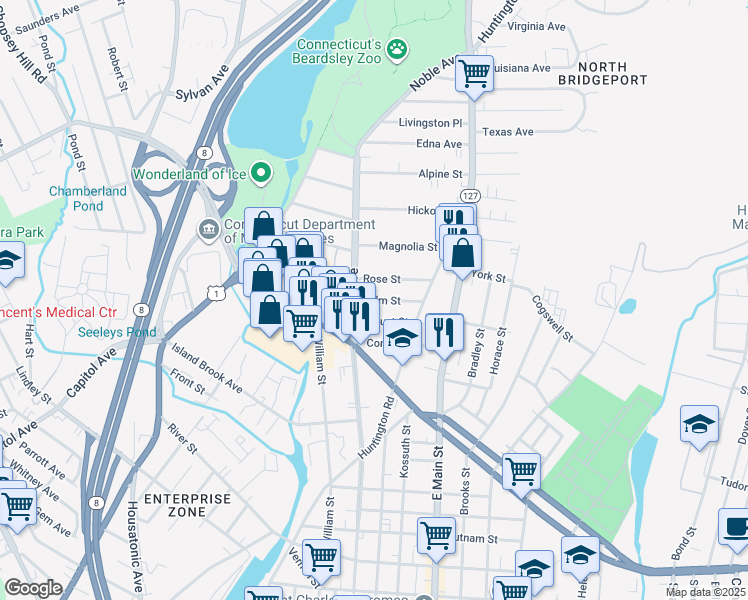map of restaurants, bars, coffee shops, grocery stores, and more near 18 Palm Street in Bridgeport