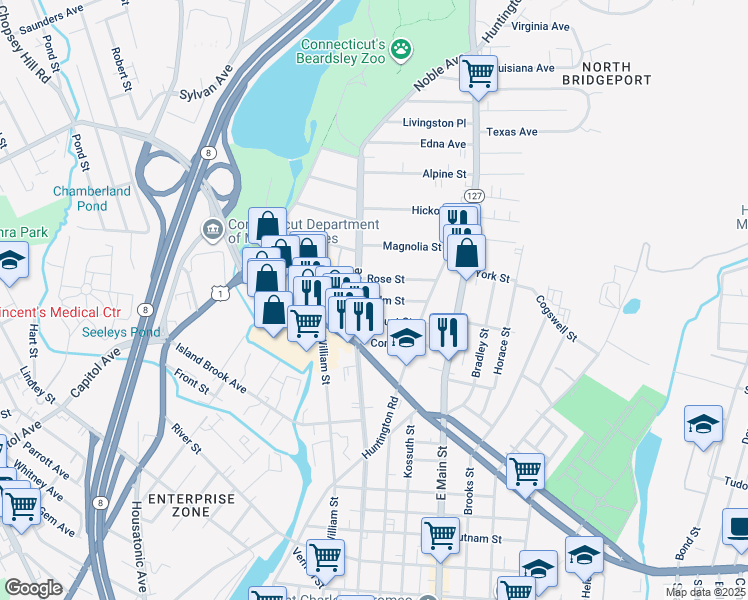 map of restaurants, bars, coffee shops, grocery stores, and more near 18 Palm Street in Bridgeport