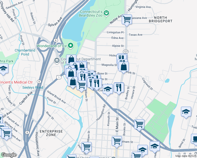 map of restaurants, bars, coffee shops, grocery stores, and more near 18 Palm Street in Bridgeport