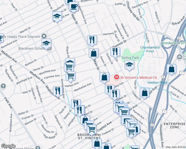 map of restaurants, bars, coffee shops, grocery stores, and more near 2969 Main Street in Bridgeport