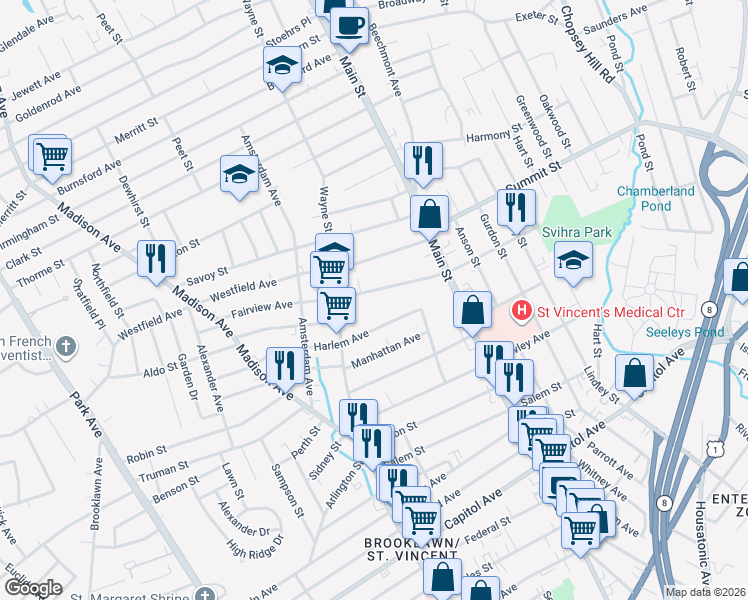 map of restaurants, bars, coffee shops, grocery stores, and more near 443 Fairview Avenue in Bridgeport
