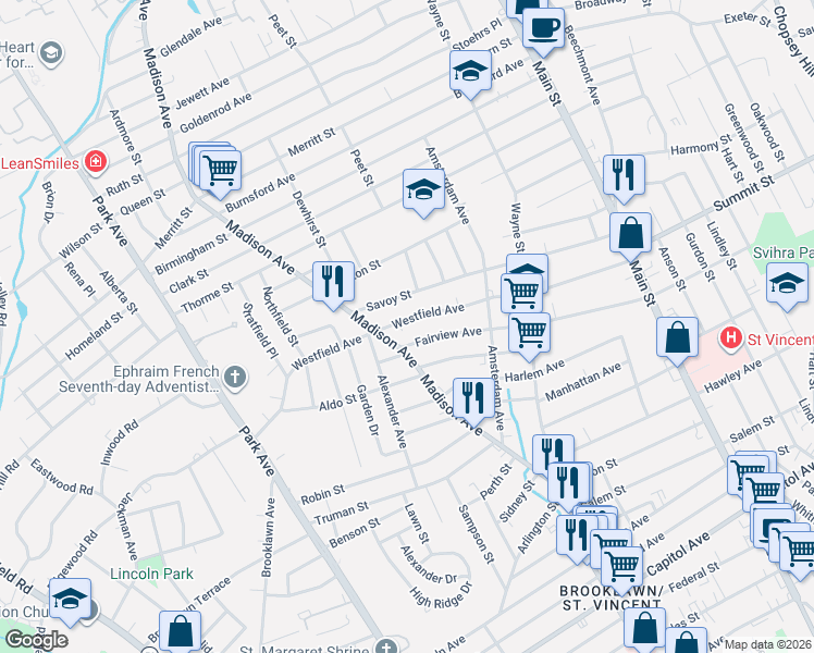 map of restaurants, bars, coffee shops, grocery stores, and more near 764 Fairview Avenue in Bridgeport