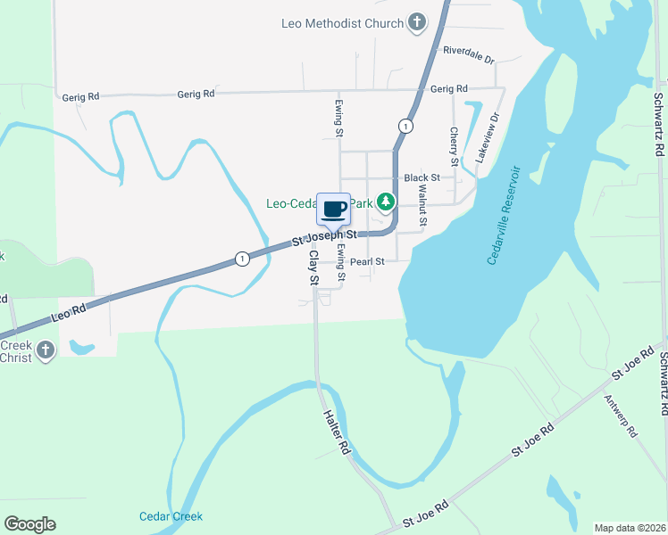 map of restaurants, bars, coffee shops, grocery stores, and more near 12725 Ewing St in Leo