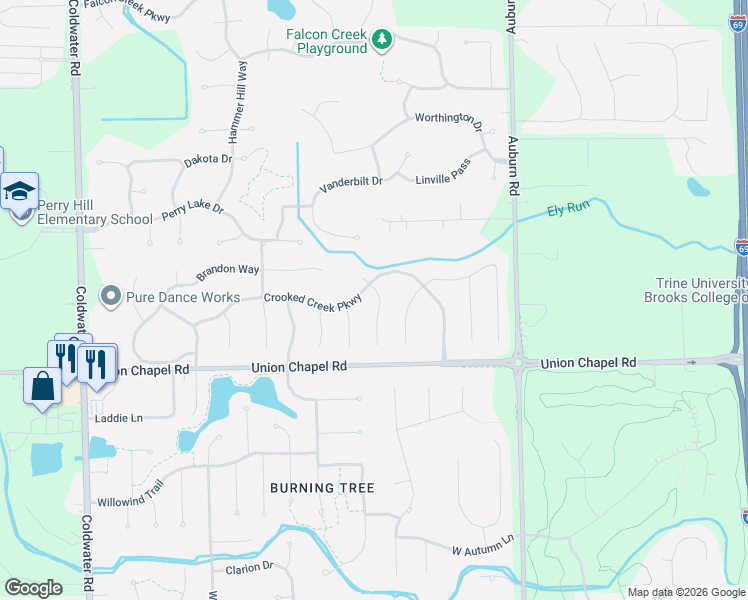 map of restaurants, bars, coffee shops, grocery stores, and more near 12915 Cavendish Court in Fort Wayne