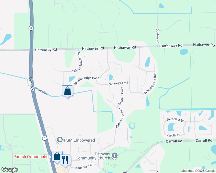 map of restaurants, bars, coffee shops, grocery stores, and more near Gateway Trail in Fort Wayne