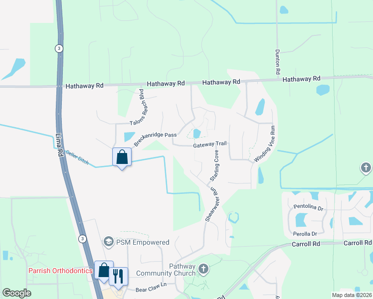 map of restaurants, bars, coffee shops, grocery stores, and more near Gateway Trail in Fort Wayne