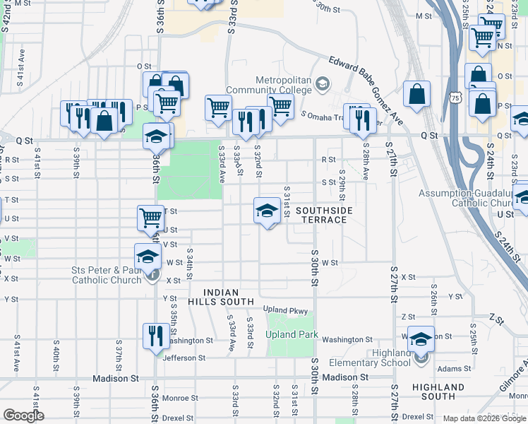 map of restaurants, bars, coffee shops, grocery stores, and more near 5511 South 32nd Street in Omaha