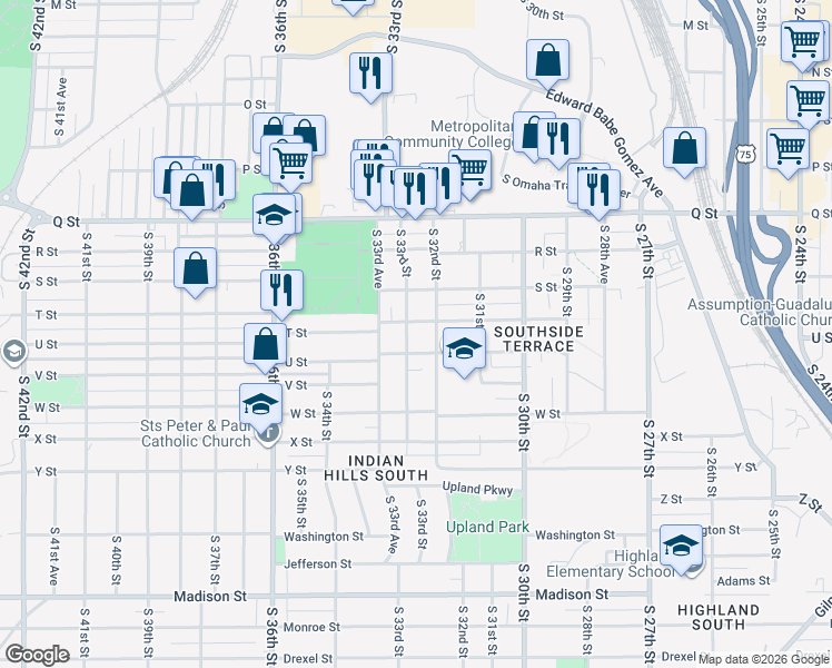 map of restaurants, bars, coffee shops, grocery stores, and more near 5516 South 33rd Street in Omaha