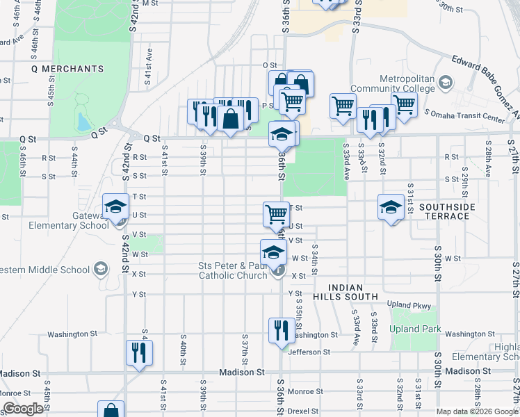 map of restaurants, bars, coffee shops, grocery stores, and more near 3624 U Street in Omaha