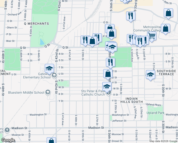 map of restaurants, bars, coffee shops, grocery stores, and more near 3812 U Street in Omaha
