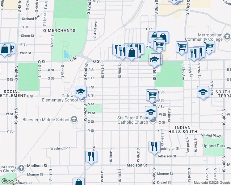 map of restaurants, bars, coffee shops, grocery stores, and more near 3916 U Street in Omaha