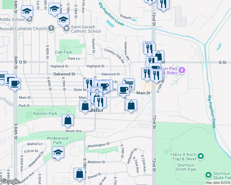 map of restaurants, bars, coffee shops, grocery stores, and more near 7545 Main Street in Ralston