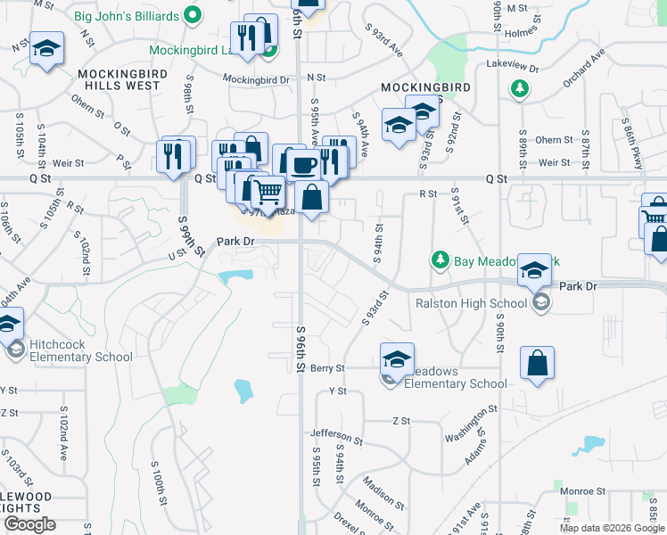 map of restaurants, bars, coffee shops, grocery stores, and more near 5605 South 95th Court in Omaha