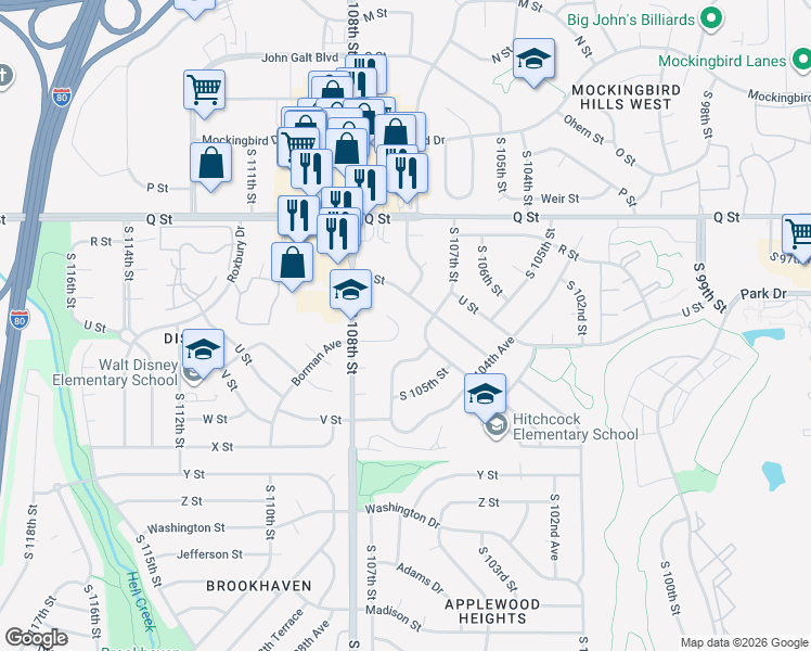 map of restaurants, bars, coffee shops, grocery stores, and more near 10723 Borman Circle in Omaha