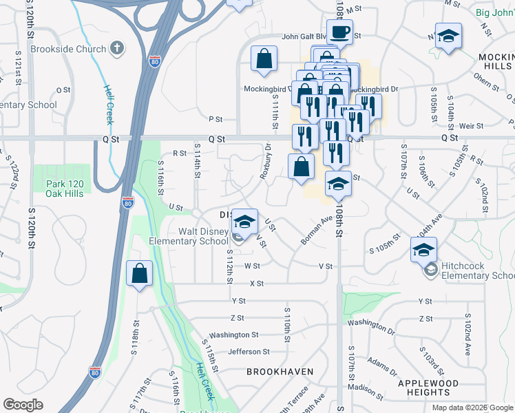 map of restaurants, bars, coffee shops, grocery stores, and more near 11141 U Street in Omaha