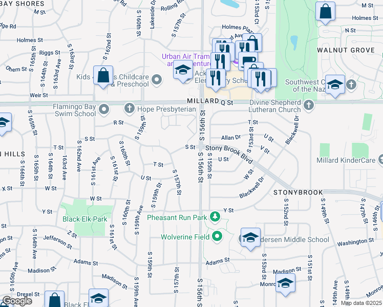 map of restaurants, bars, coffee shops, grocery stores, and more near 15625 S Street in Omaha