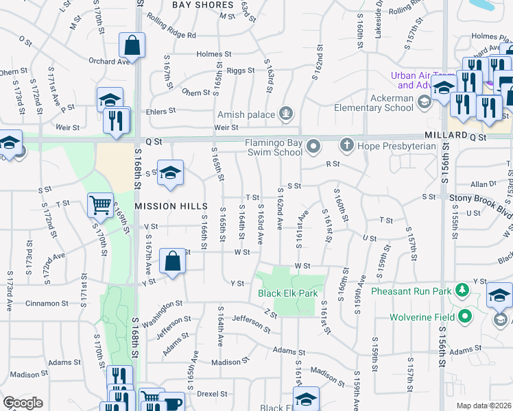 map of restaurants, bars, coffee shops, grocery stores, and more near 5511 South 163rd Avenue in Omaha