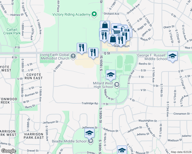 map of restaurants, bars, coffee shops, grocery stores, and more near 18105 Tammy Trail in Omaha