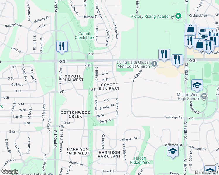 map of restaurants, bars, coffee shops, grocery stores, and more near 18652 Allan Street in Omaha