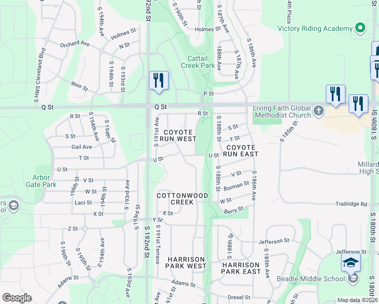 map of restaurants, bars, coffee shops, grocery stores, and more near 18908 U Street in Omaha