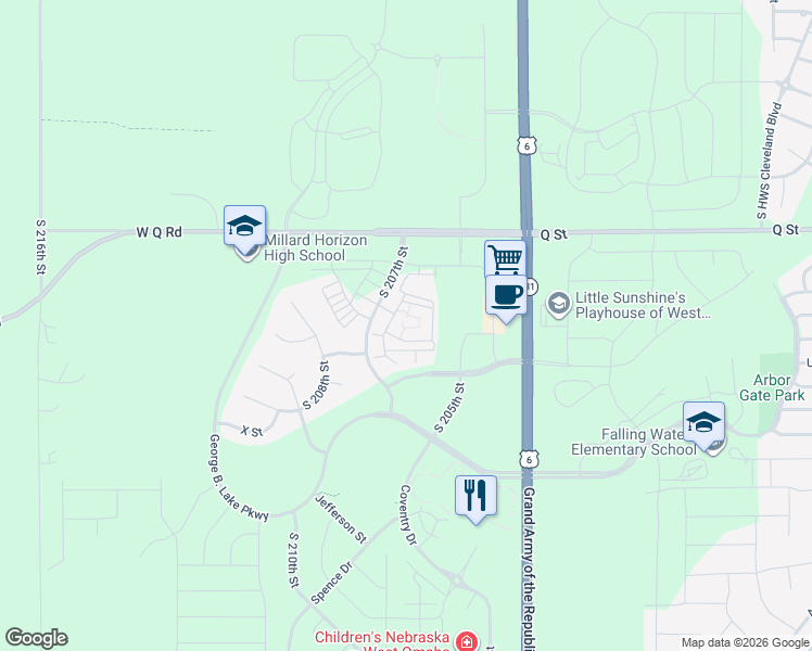 map of restaurants, bars, coffee shops, grocery stores, and more near 6060 Coventry Drive in Omaha