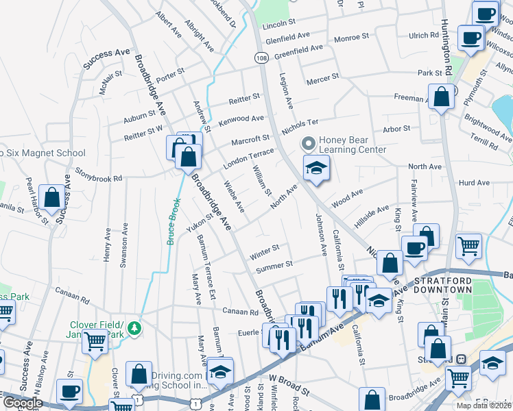 map of restaurants, bars, coffee shops, grocery stores, and more near 1702 North Avenue in Stratford