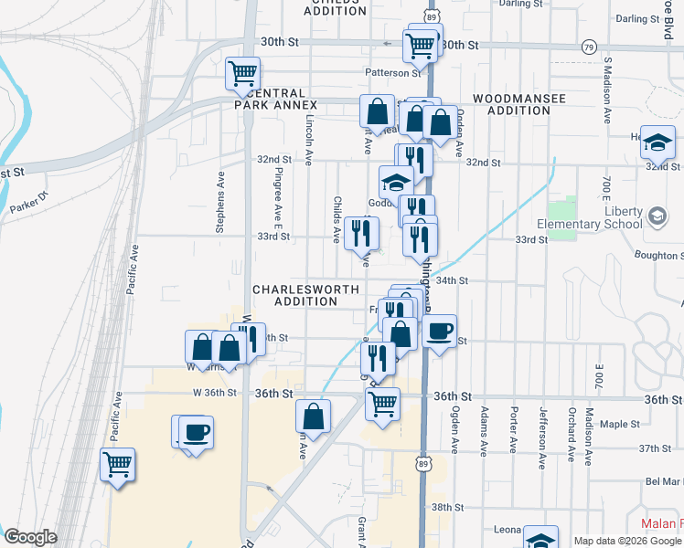 map of restaurants, bars, coffee shops, grocery stores, and more near 3356 Childs Avenue in Ogden