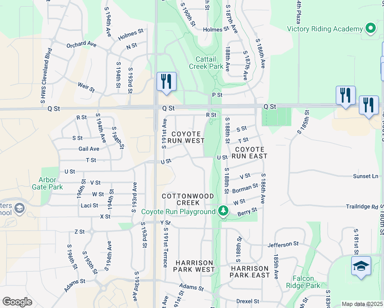map of restaurants, bars, coffee shops, grocery stores, and more near 5602 South 190th Terrace in Omaha