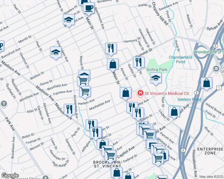 map of restaurants, bars, coffee shops, grocery stores, and more near 2969 Main Street in Bridgeport