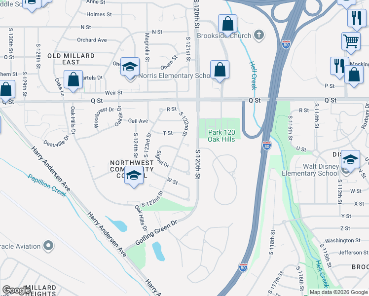 map of restaurants, bars, coffee shops, grocery stores, and more near 12111 T Circle in Omaha