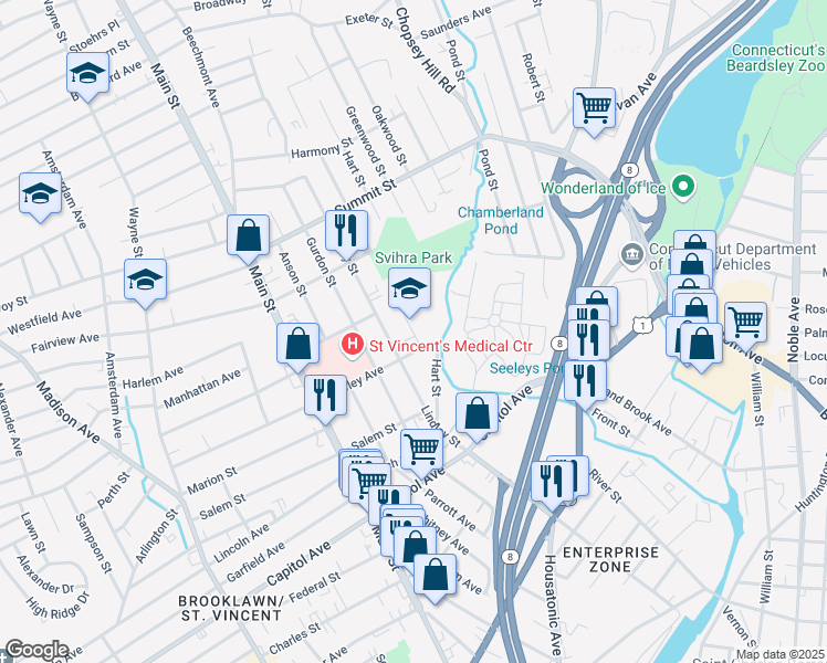 map of restaurants, bars, coffee shops, grocery stores, and more near 130 Ezra Street in Bridgeport