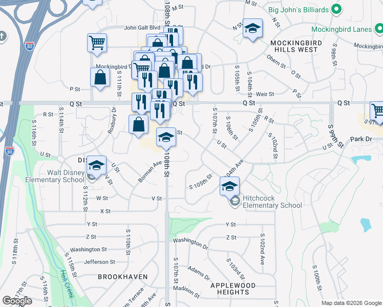 map of restaurants, bars, coffee shops, grocery stores, and more near 10723 Borman Circle in Omaha