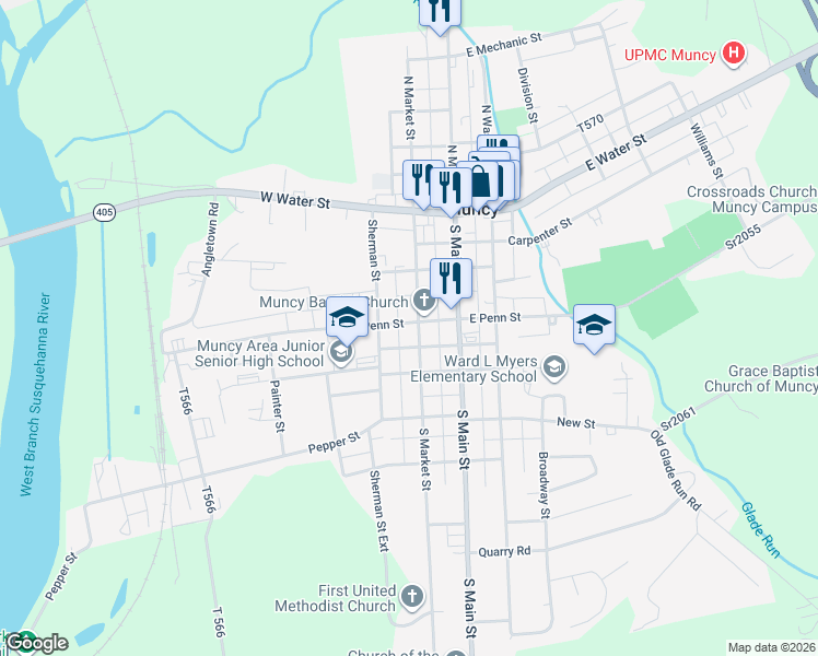 map of restaurants, bars, coffee shops, grocery stores, and more near 200 South Market Street in Muncy