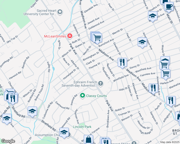 map of restaurants, bars, coffee shops, grocery stores, and more near 3358 Park Avenue in Fairfield