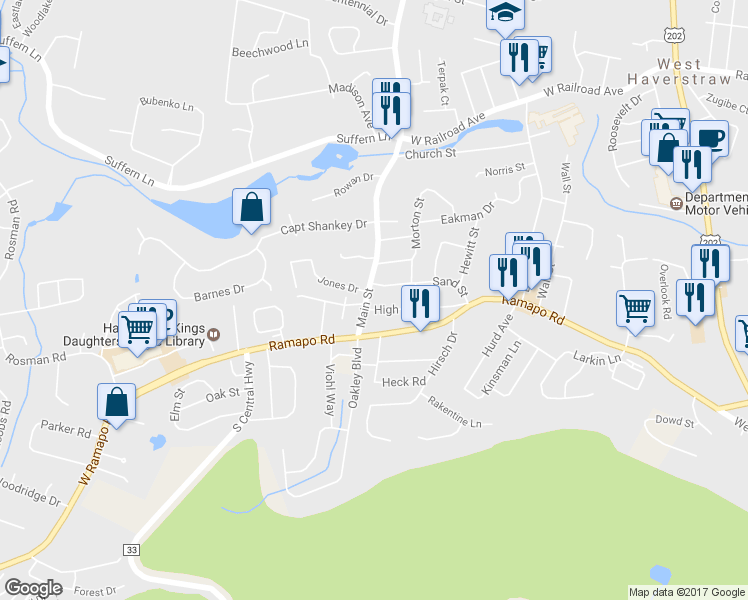 map of restaurants, bars, coffee shops, grocery stores, and more near 84 Main Street in West Haverstraw