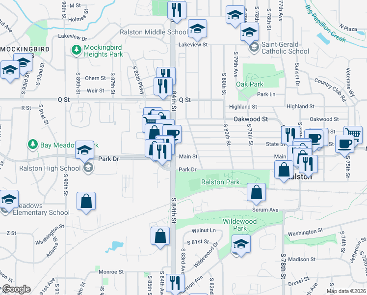 map of restaurants, bars, coffee shops, grocery stores, and more near 8323 State Street in Ralston