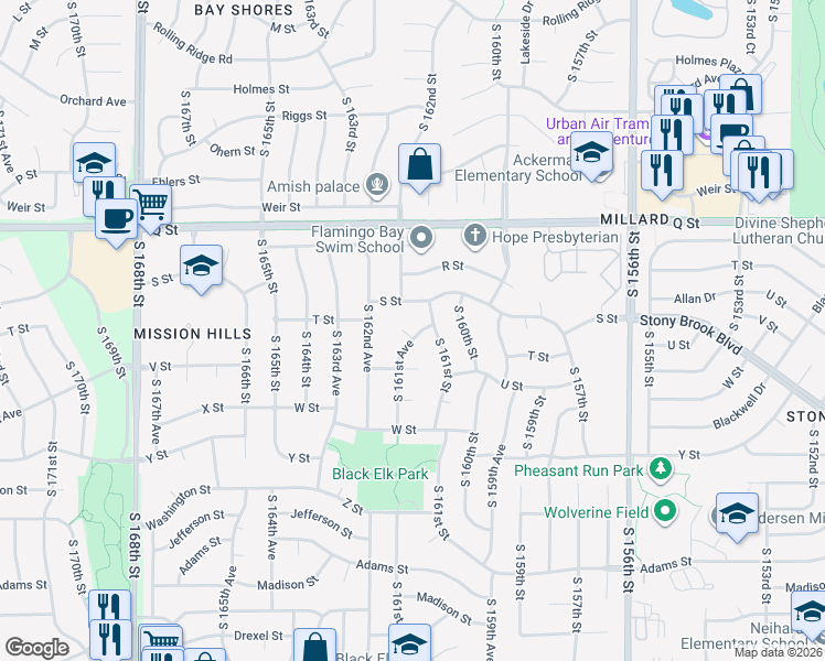 map of restaurants, bars, coffee shops, grocery stores, and more near 16152 T Circle in Omaha