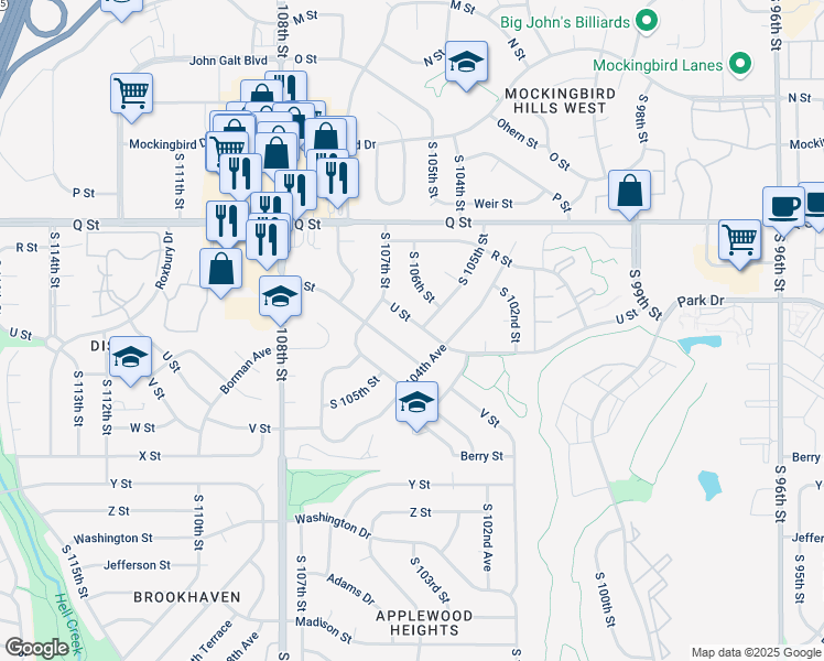 map of restaurants, bars, coffee shops, grocery stores, and more near 10511 U Street in Omaha